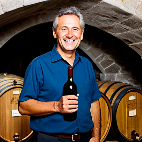 An experienced male winemaker, mid-50s, with a warm, genuine smile. He is dressed in a modest, professional work shirt and dark trousers, standing in a historic Italian wine cellar. The cellar is characterized by vaulted stone ceilings and numerous large, aged oak barrels that stretch into the soft, ambient light. He is holding a single wine bottle, gesturing gently as if explaining its story. The atmosphere is rich with tradition and quiet reverence. Perfect anatomy, correct proportions, natural pose, well-formed hands, proper finger count, natural body proportions. Professional photography, high quality, authentic, fully clothed, modest clothing, appropriate attire, professional dress, safe for work, appropriate content, family-friendly.