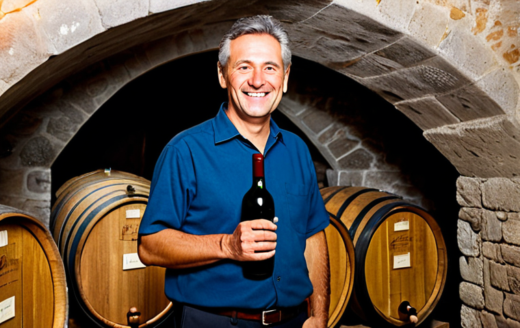 An experienced male winemaker, mid-50s, with a warm, genuine smile. He is dressed in a modest, professional work shirt and dark trousers, standing in a historic Italian wine cellar. The cellar is characterized by vaulted stone ceilings and numerous large, aged oak barrels that stretch into the soft, ambient light. He is holding a single wine bottle, gesturing gently as if explaining its story. The atmosphere is rich with tradition and quiet reverence. Perfect anatomy, correct proportions, natural pose, well-formed hands, proper finger count, natural body proportions. Professional photography, high quality, authentic, fully clothed, modest clothing, appropriate attire, professional dress, safe for work, appropriate content, family-friendly.