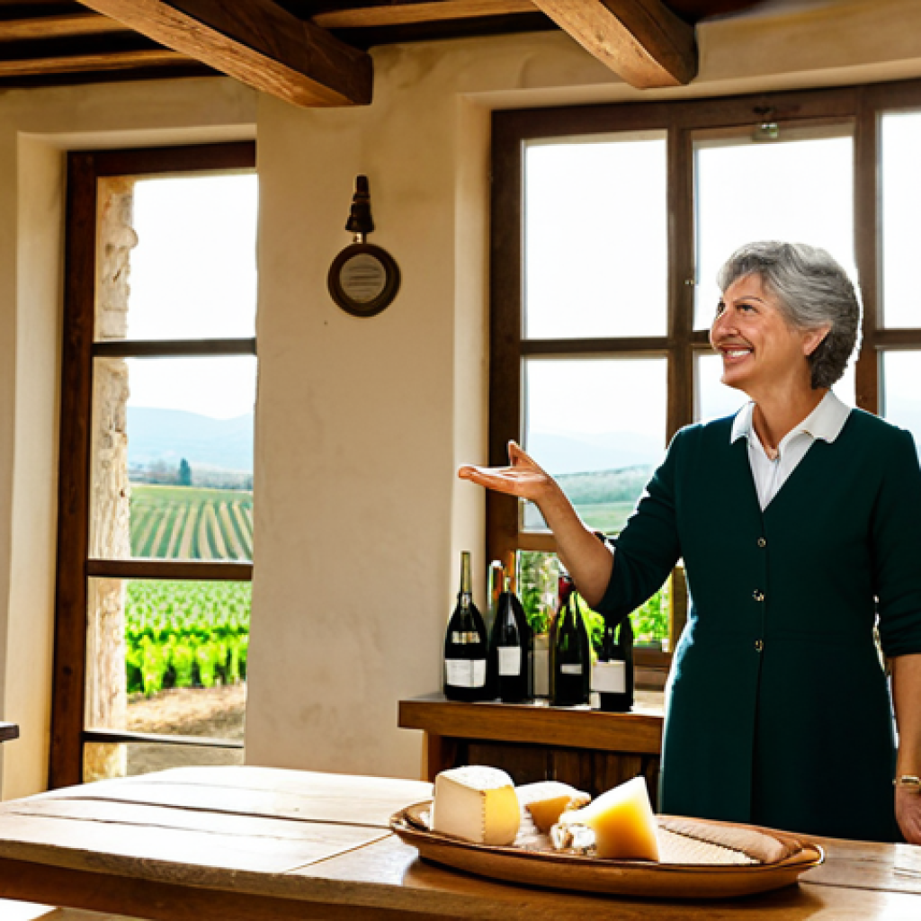 A warm, inviting scene inside a traditional, family-run Italian winery. A friendly, middle-aged woman, the winery owner, dressed in professional and modest attire, smiles genuinely as she gestures towards a rustic wooden tasting table. The table is elegantly set with an array of sparkling wine glasses, open bottles of Italian wine, and a simple, appealing platter of local cheeses and bread. Soft, natural light illuminates the room, and a glimpse of sun-drenched vineyards is visible through a large window. The atmosphere is authentic and welcoming, capturing the essence of human connection and sensory enjoyment. safe for work, appropriate content, fully clothed, modest clothing, appropriate attire, professional dress, perfect anatomy, correct proportions, natural pose, well-formed hands, proper finger count, natural body proportions, professional photography, high quality, family-friendly.