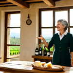 A warm, inviting scene inside a traditional, family-run Italian winery. A friendly, middle-aged woman, the winery owner, dressed in professional and modest attire, smiles genuinely as she gestures towards a rustic wooden tasting table. The table is elegantly set with an array of sparkling wine glasses, open bottles of Italian wine, and a simple, appealing platter of local cheeses and bread. Soft, natural light illuminates the room, and a glimpse of sun-drenched vineyards is visible through a large window. The atmosphere is authentic and welcoming, capturing the essence of human connection and sensory enjoyment. safe for work, appropriate content, fully clothed, modest clothing, appropriate attire, professional dress, perfect anatomy, correct proportions, natural pose, well-formed hands, proper finger count, natural body proportions, professional photography, high quality, family-friendly.