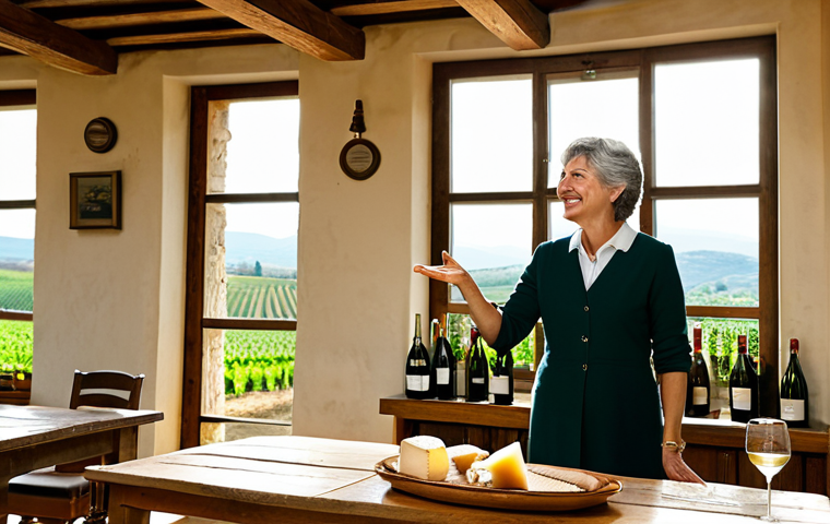 A warm, inviting scene inside a traditional, family-run Italian winery. A friendly, middle-aged woman, the winery owner, dressed in professional and modest attire, smiles genuinely as she gestures towards a rustic wooden tasting table. The table is elegantly set with an array of sparkling wine glasses, open bottles of Italian wine, and a simple, appealing platter of local cheeses and bread. Soft, natural light illuminates the room, and a glimpse of sun-drenched vineyards is visible through a large window. The atmosphere is authentic and welcoming, capturing the essence of human connection and sensory enjoyment. safe for work, appropriate content, fully clothed, modest clothing, appropriate attire, professional dress, perfect anatomy, correct proportions, natural pose, well-formed hands, proper finger count, natural body proportions, professional photography, high quality, family-friendly.