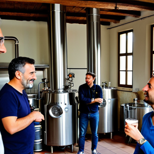 Home 9 Brewery Tour**
"A bright and inviting image of a brewery tour at 'La Bionda Sbronza' in a charming Italian village. Marco, a friendly and knowledgeable brewer, is explaining the brewing process to a small group of visitors, all of whom are attentively listening. Focus on the stainless steel brewing equipment and the natural light filtering through the windows. The scene should convey passion and expertise. Everyone is fully clothed in appropriate attire. Safe for work. Professional photography, perfect anatomy, correct proportions, natural pose, high quality, appropriate content, family-friendly."
**