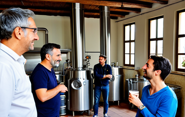 Brewery Tour**
"A bright and inviting image of a brewery tour at 'La Bionda Sbronza' in a charming Italian village. Marco, a friendly and knowledgeable brewer, is explaining the brewing process to a small group of visitors, all of whom are attentively listening. Focus on the stainless steel brewing equipment and the natural light filtering through the windows. The scene should convey passion and expertise. Everyone is fully clothed in appropriate attire. Safe for work. Professional photography, perfect anatomy, correct proportions, natural pose, high quality, appropriate content, family-friendly."
**
