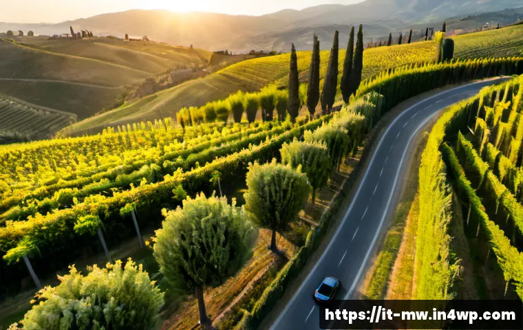 Home 12 와이너리 투어를 위한 최적의 여행 경로 - Photorealistic aerial view of a scenic winery tour route through Tuscany, Italy, a compact rental ca...