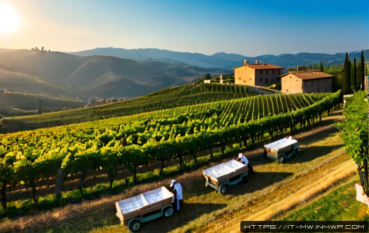 와인 생산지의 지역 특성과 양조장 - Photorealistic panoramic view of a Tuscan winery at harvest time, orderly Sangiovese vineyards rolli...