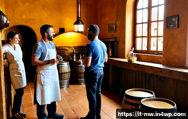 양조장에서의 문화 체험 프로그램 소개 - Photorealistic cultural tour inside a traditional Italian craft brewery, an experienced brewer in a ...